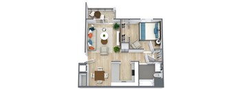 A top-down view of a living room with a couch, chairs, a coffee table, a potted plant, and a rug.