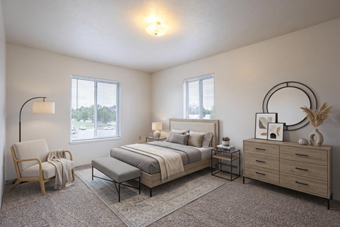 A well-lit bedroom with a large bed, a chair, and a bench.