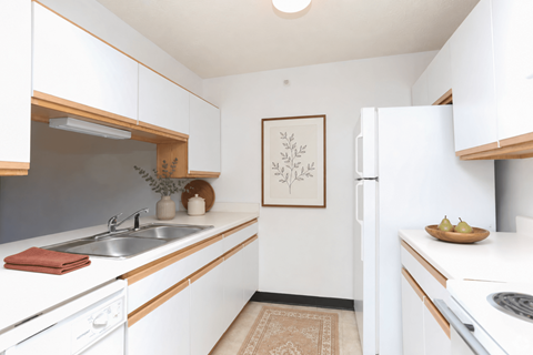 A kitchen with white cabinets and a fridge.