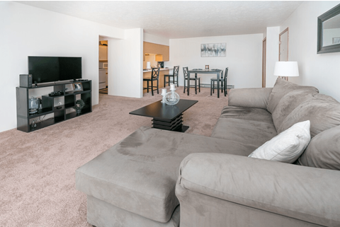 A living room with a grey couch and a black coffee table.