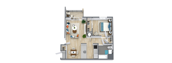 A top-down view of a house layout with a kitchen, living room, and bathroom.