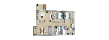 A top-down view of a modern apartment layout with a living room, kitchen, and bathroom.