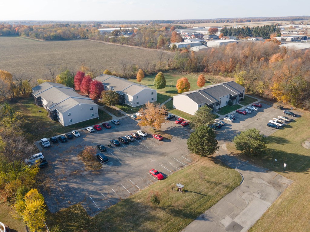 an aerial view of our buildings and parking lot