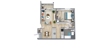 A top-down view of a small apartment with a living room, kitchen, and bathroom.