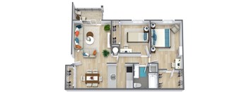 A top-down view of a small apartment with a kitchen, living room, and bathroom.