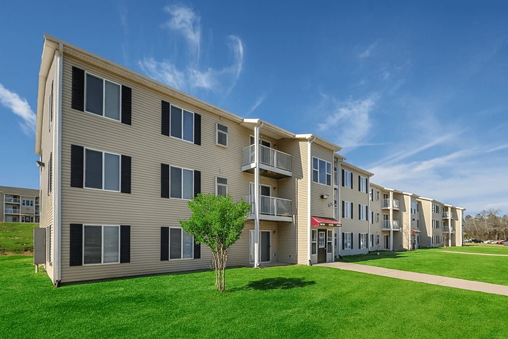 A tree stands in front of apartment buildings.