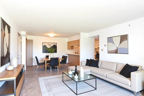 A modern living room with a white couch and a glass coffee table.