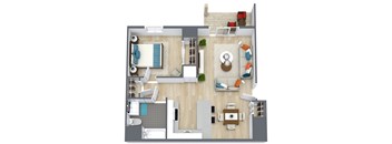 A top-down view of a modern apartment layout with a living room, kitchen, and bathroom.