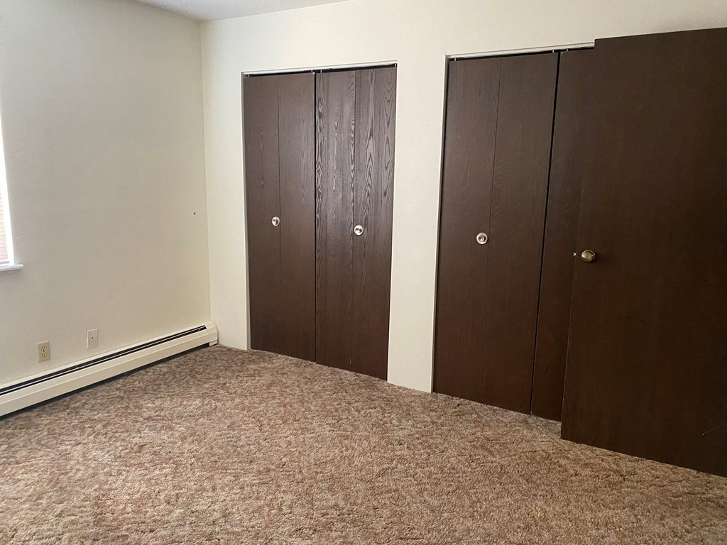 a pair of closet doors in a room with carpet
