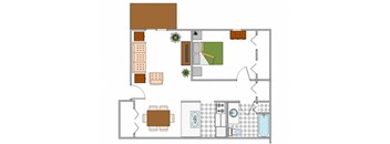 A floor plan of a house with a kitchen, living room, dining room, and bathroom.