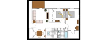 A floor plan of a house with a kitchen, living room, and bathroom.