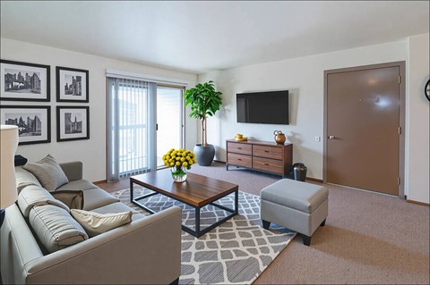 A living room with a grey couch, a coffee table, a plant, a TV, and a brown door.