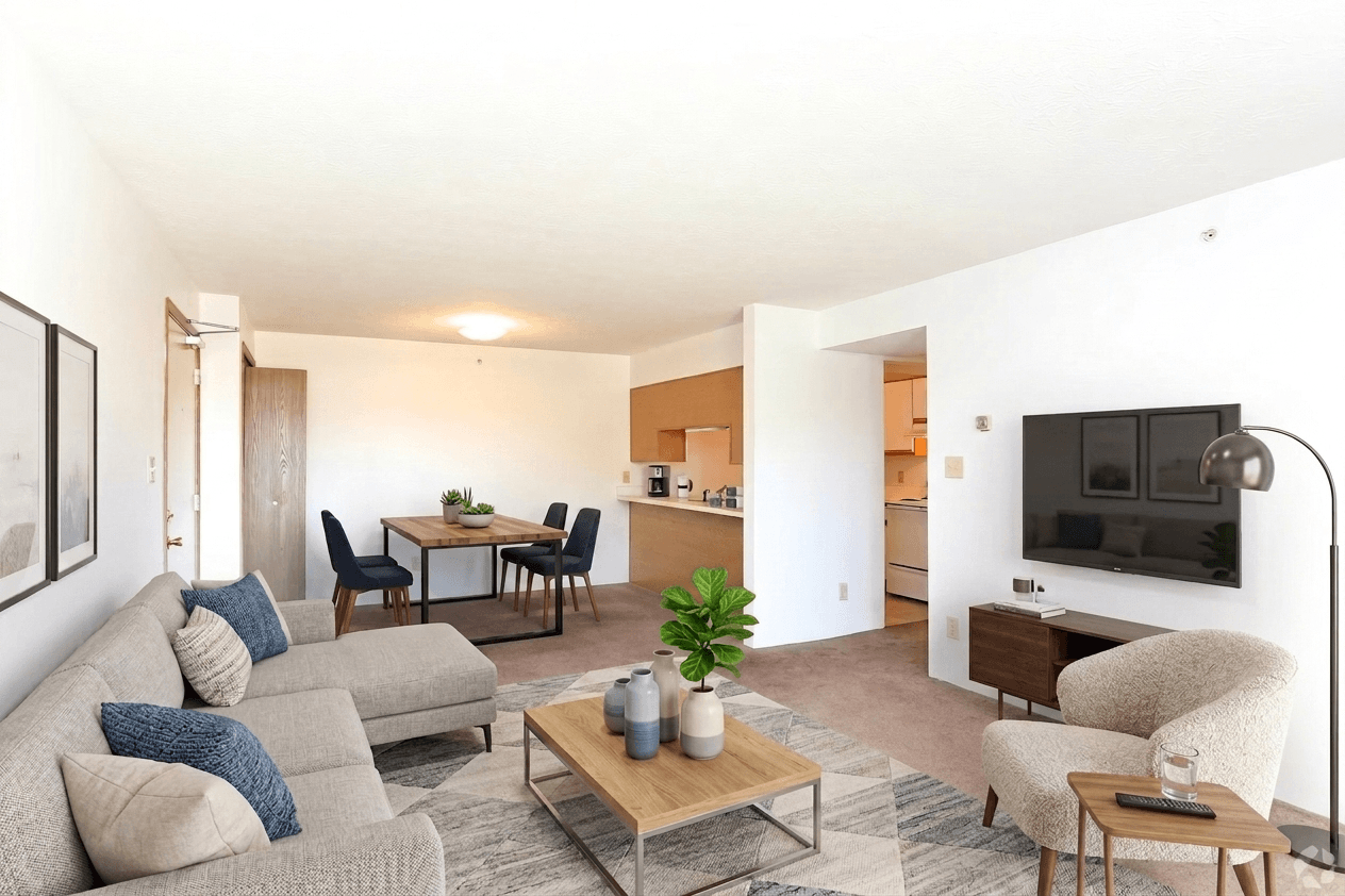 A living room with a grey sofa, a wooden coffee table, and a television.