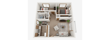 A top-down view of a small apartment with a living room, kitchen, and bedroom.
