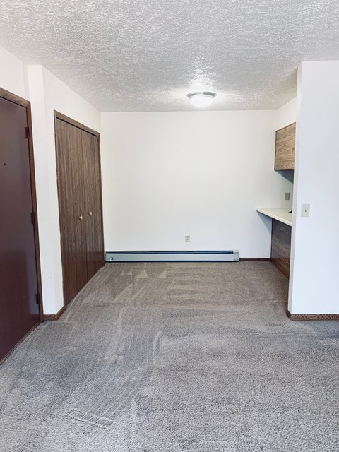 an empty living room with carpet and a door to a kitchen