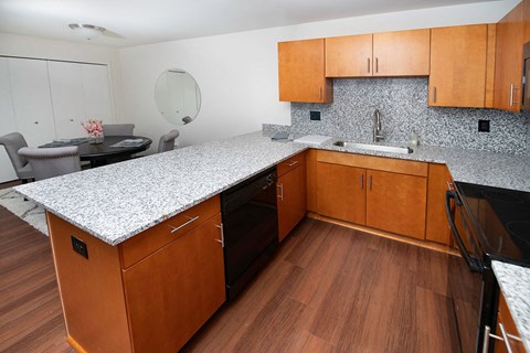 a kitchen with wooden cabinets and a granite counter top