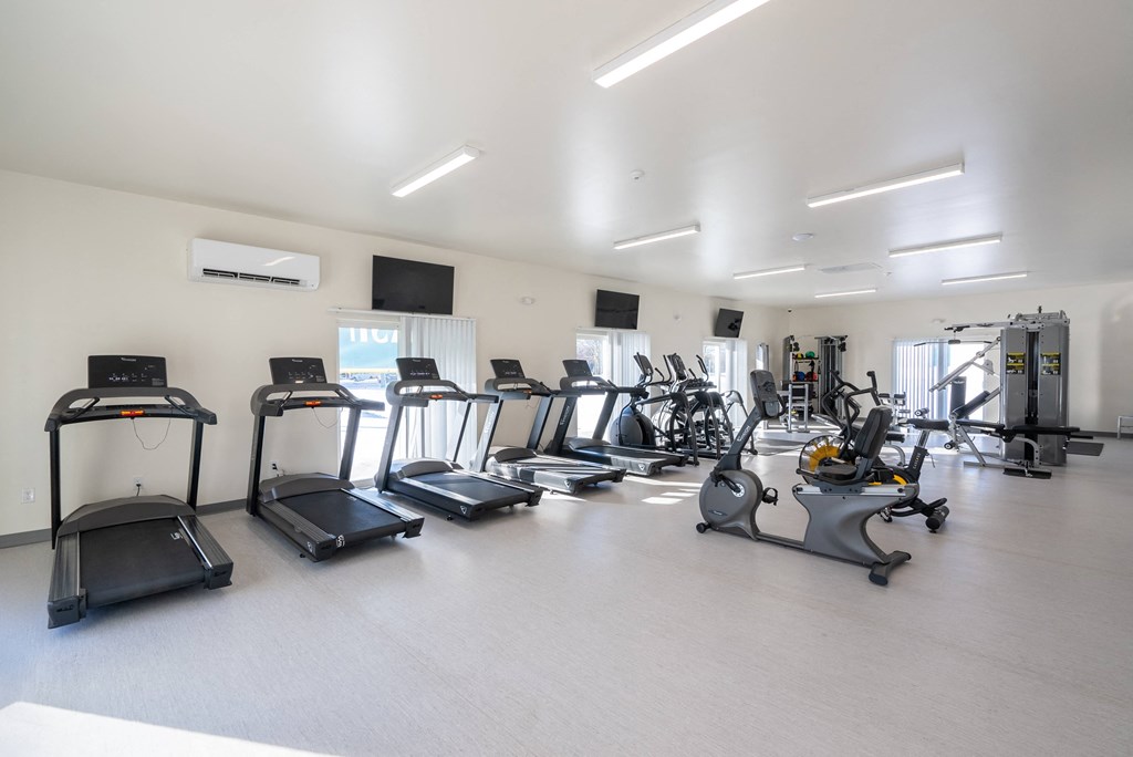 A gym with treadmills and elliptical machines.