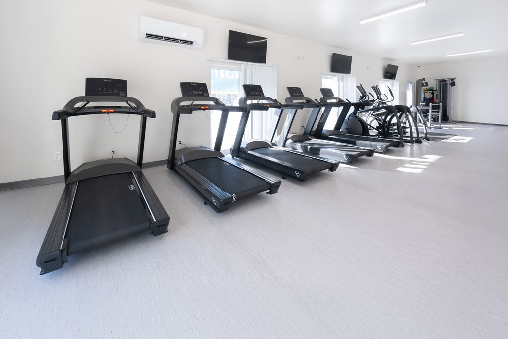 A row of treadmills are lined up in a gym.