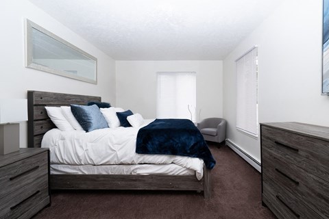 a bedroom with a bed and a dresser and a window