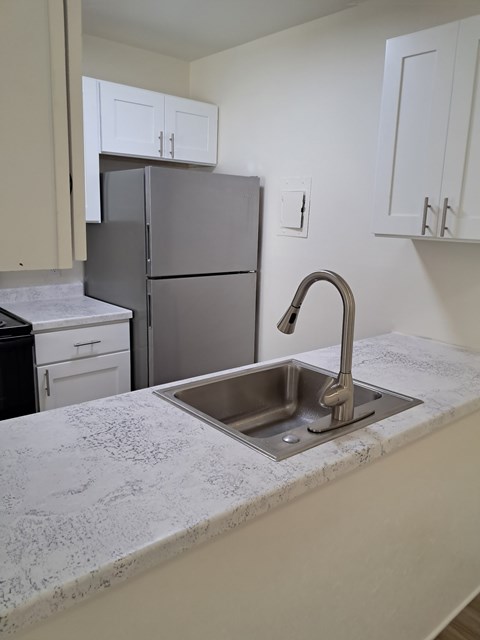 A kitchen with a sink and a refrigerator.
