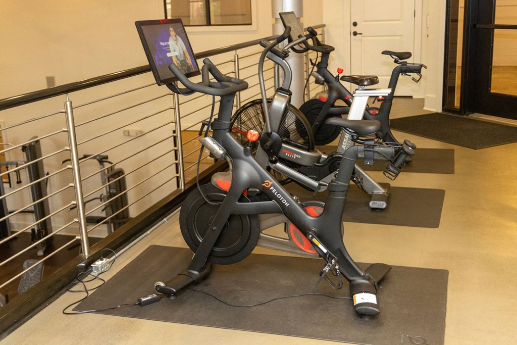 a group of exercise bikes in a gym