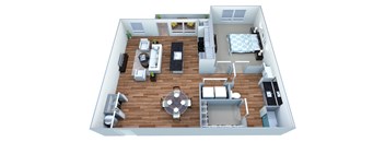 a floor plan of a house with a wooden floor and a bedroom with a bed and a