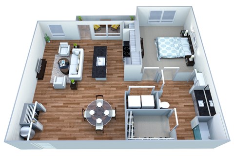 a floor plan of a house with a wooden floor and a bedroom with a bed and a