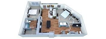 A 3D floor plan of a small apartment with a kitchen, living room, and bedroom.