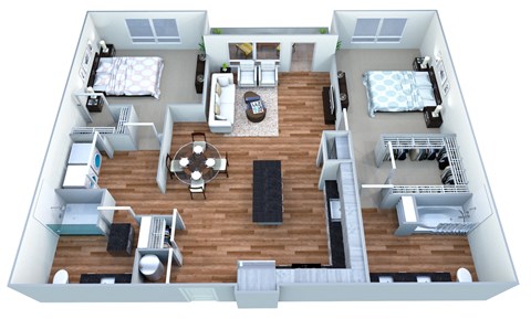 a floor plan of a house with a wooden floor and a round table in the middle of