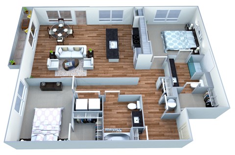 a 3d rendering of our 1 bedroom apartment at the crossings at white marsh apartments in white