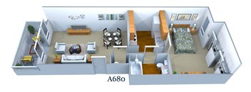 a 3d floor plan of a house with a bedroom and a living room