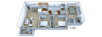 3d floor plan of a house with bedrooms and a living room