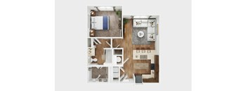 A top-down view of a small apartment with a bed, a kitchen, and a living area.