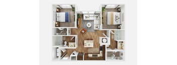 A top-down view of a well-organized bedroom, kitchen, and living room.