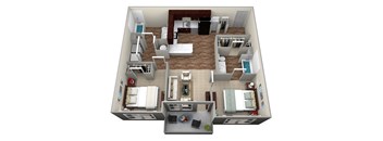 a 3d floor plan of a two bedroom apartment with a bathroom and a bedroom with a