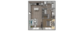 A 3D rendered image of a modern bathroom layout with a toilet, sink, shower, and bed.