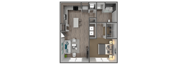 A floor plan of a small apartment with a kitchen, living room, and bedroom.