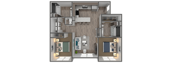 A 3D floor plan of a small apartment with two bedrooms, a living room, and a kitchen.
