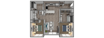 A 3D floor plan of a small apartment with two bedrooms, a living room, and a kitchen.