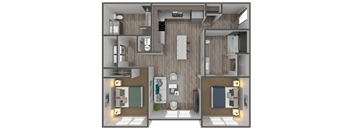 A 3D floor plan of a small apartment with two bedrooms, a living room, a kitchen, and a bathroom.