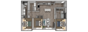 A 3D floor plan of a house showing the layout of the rooms.