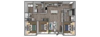 A 3D floor plan of a house showing the layout of the rooms.