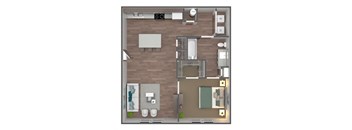 A top-down view of a small apartment with a bedroom, living room, and bathroom.