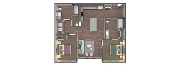 A 3D floor plan of a small apartment with two bedrooms, a living room, and a kitchen.