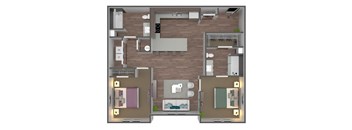 A 3D floor plan of a house with two bedrooms, a living room, a kitchen, and a bathroom.