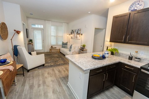 a kitchen and living room with a counter top