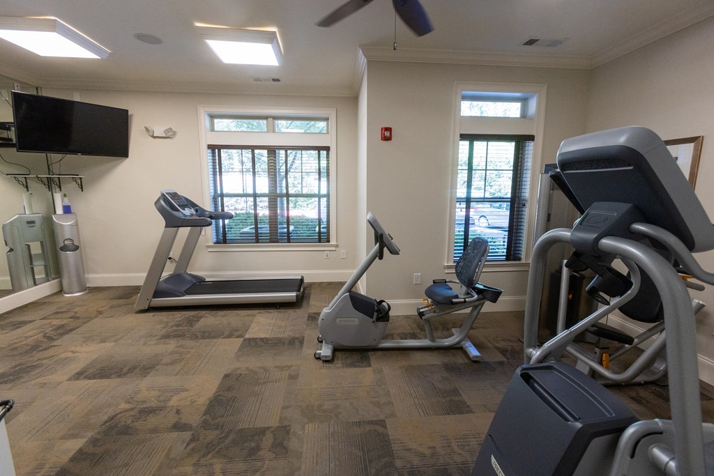 a gym with treadmills and elliptical machines