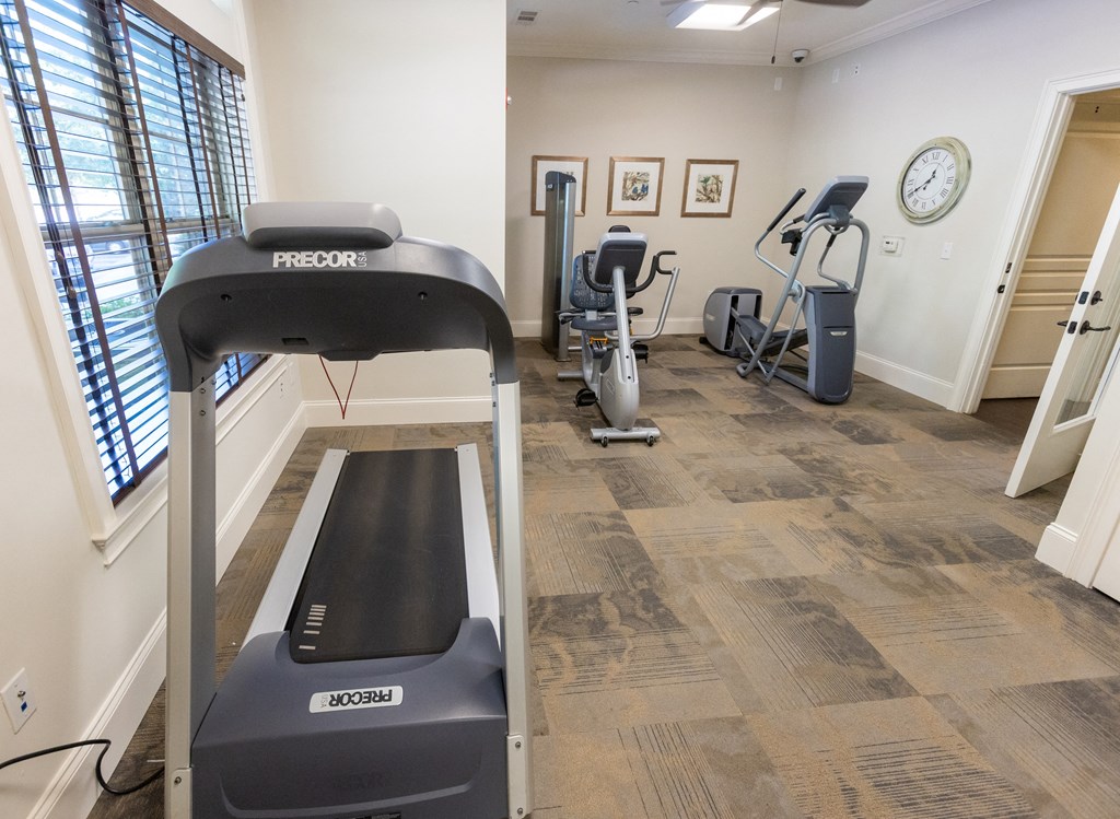 a treadmill and other exercise equipment in the fitness room