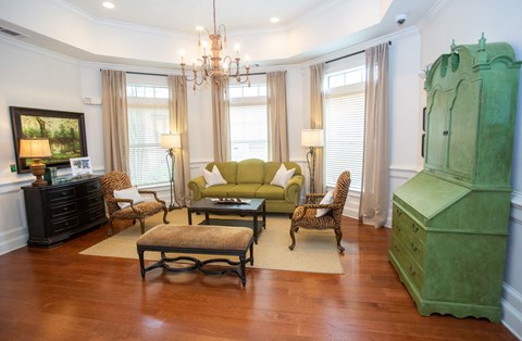 a living room with a green dresser and a couch