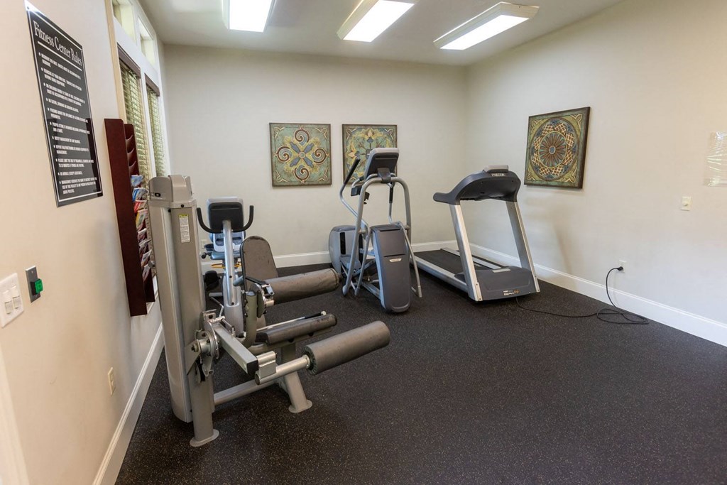 a gym with exercise equipment and paintings on the wall